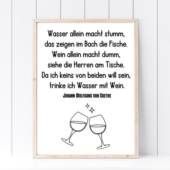 Goethe Water And Wine Quote German Saying Line Art Wine Glass Print
