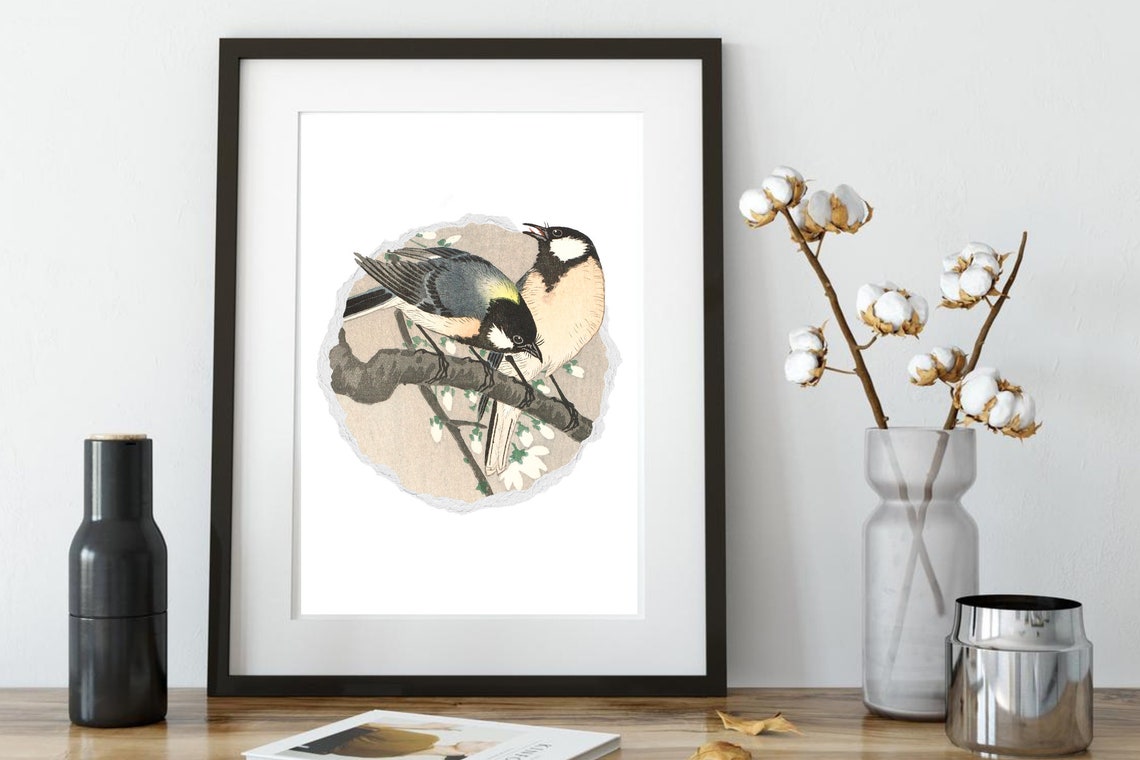 Two Tit Birds Blossom Branch Japanese Woodblock Style Circle Art Print