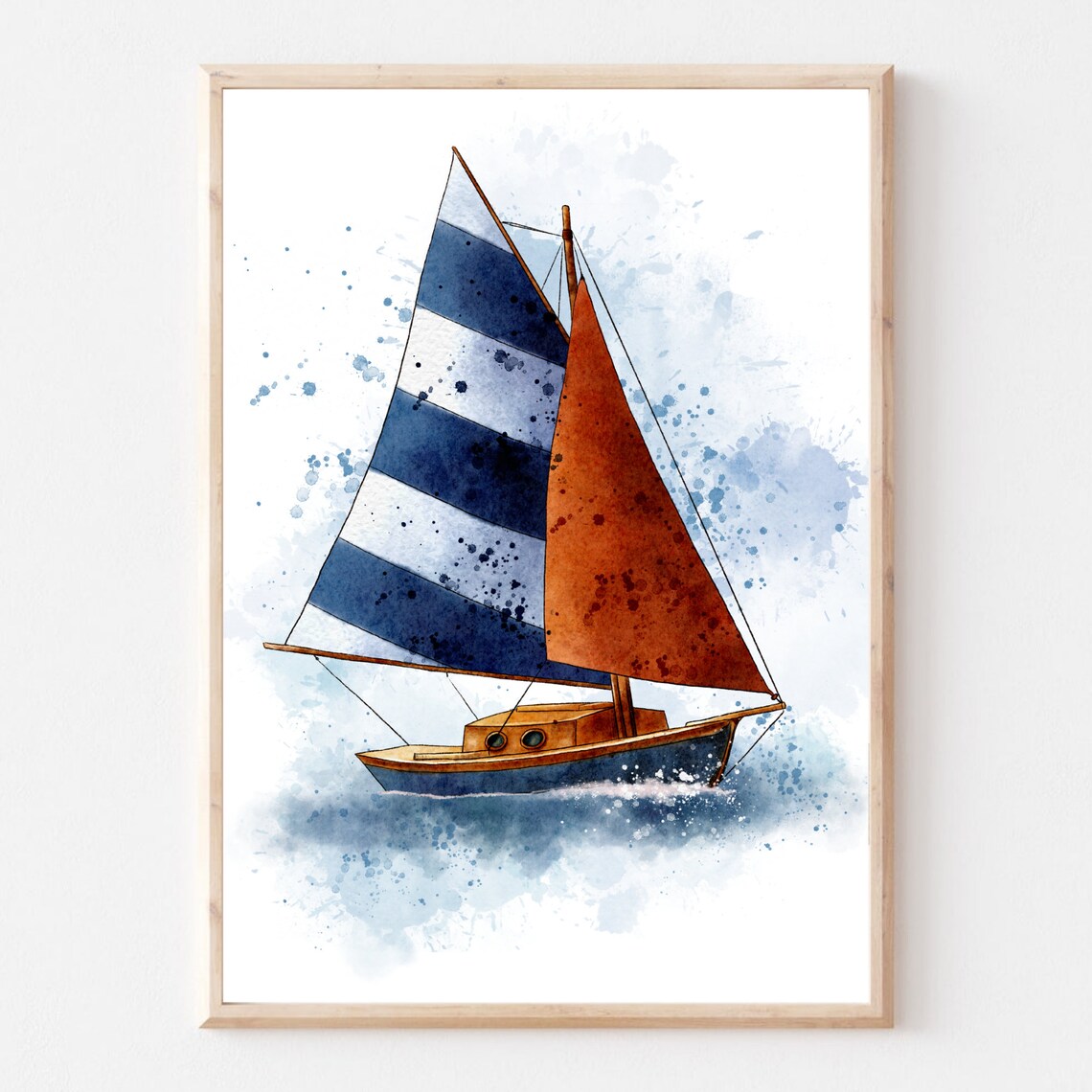 Watercolor Sailboat Striped Blue Orange Sails Maritime Nautical Art Print - Image 3