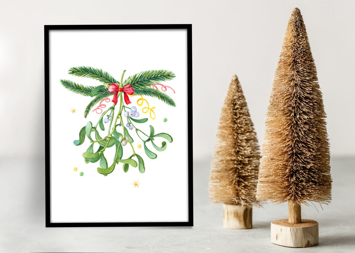 Mistletoe with Red Bow Watercolor Christmas Holiday Botanical Poster - Image 2