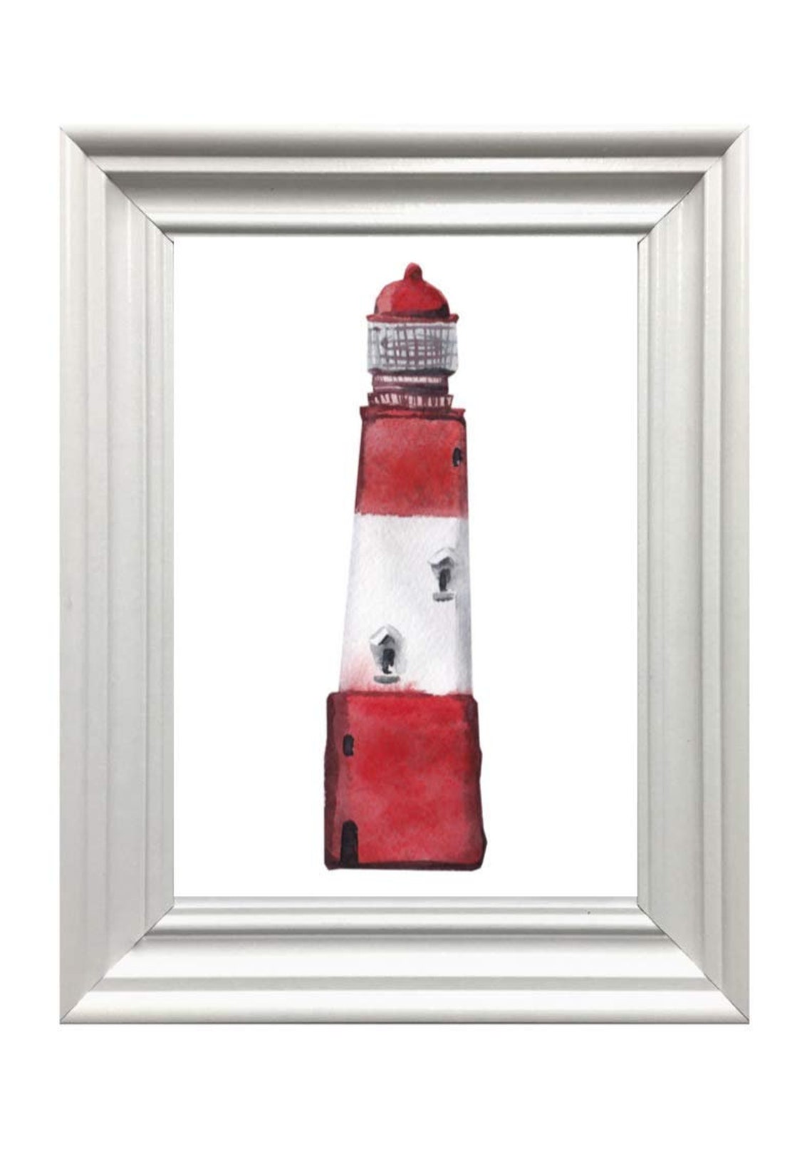 Red and White Striped Lighthouse Watercolor Nautical Coastal Wall Art - Image 2