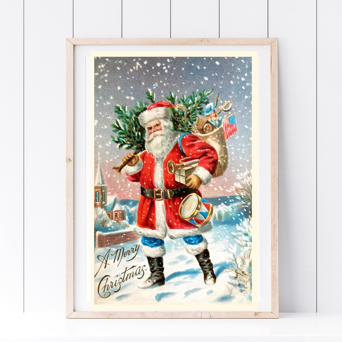 Vintage Santa Claus Snowy Christmas Retro Holiday Merry Wall Art Print