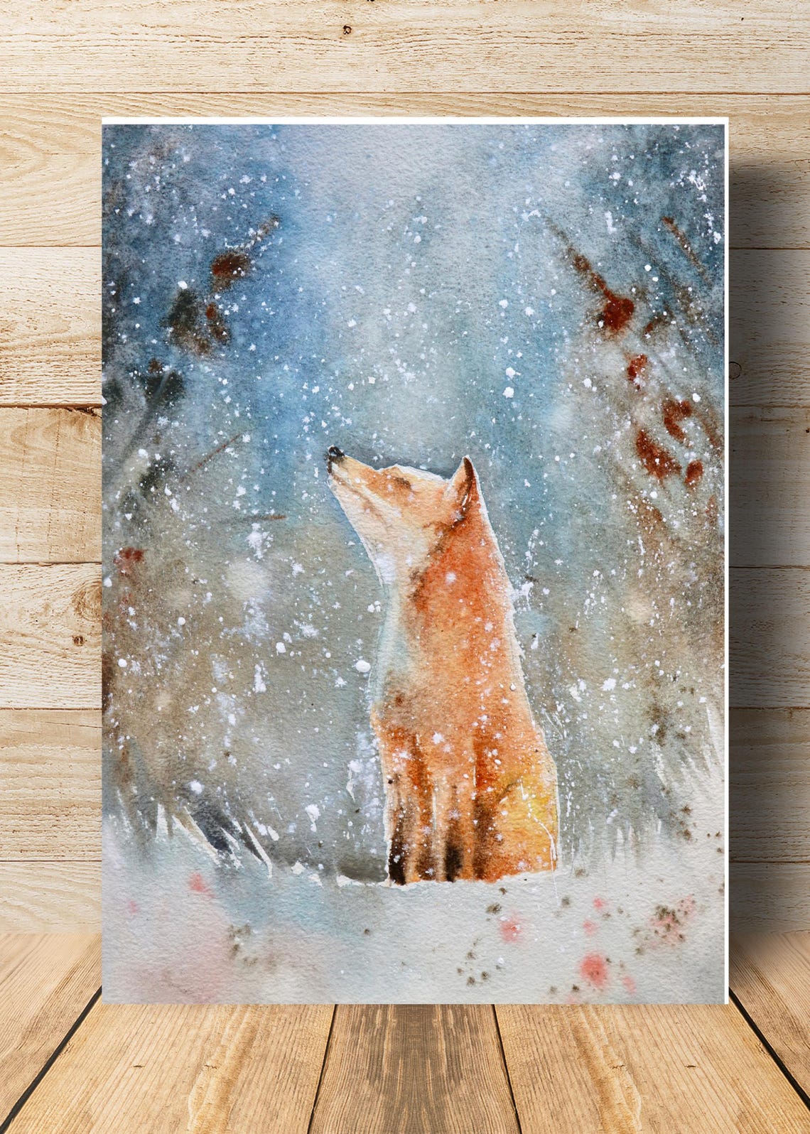 Red Fox in Snowy Winter Forest Watercolor Wildlife Fine Art Wall Art - Image 2
