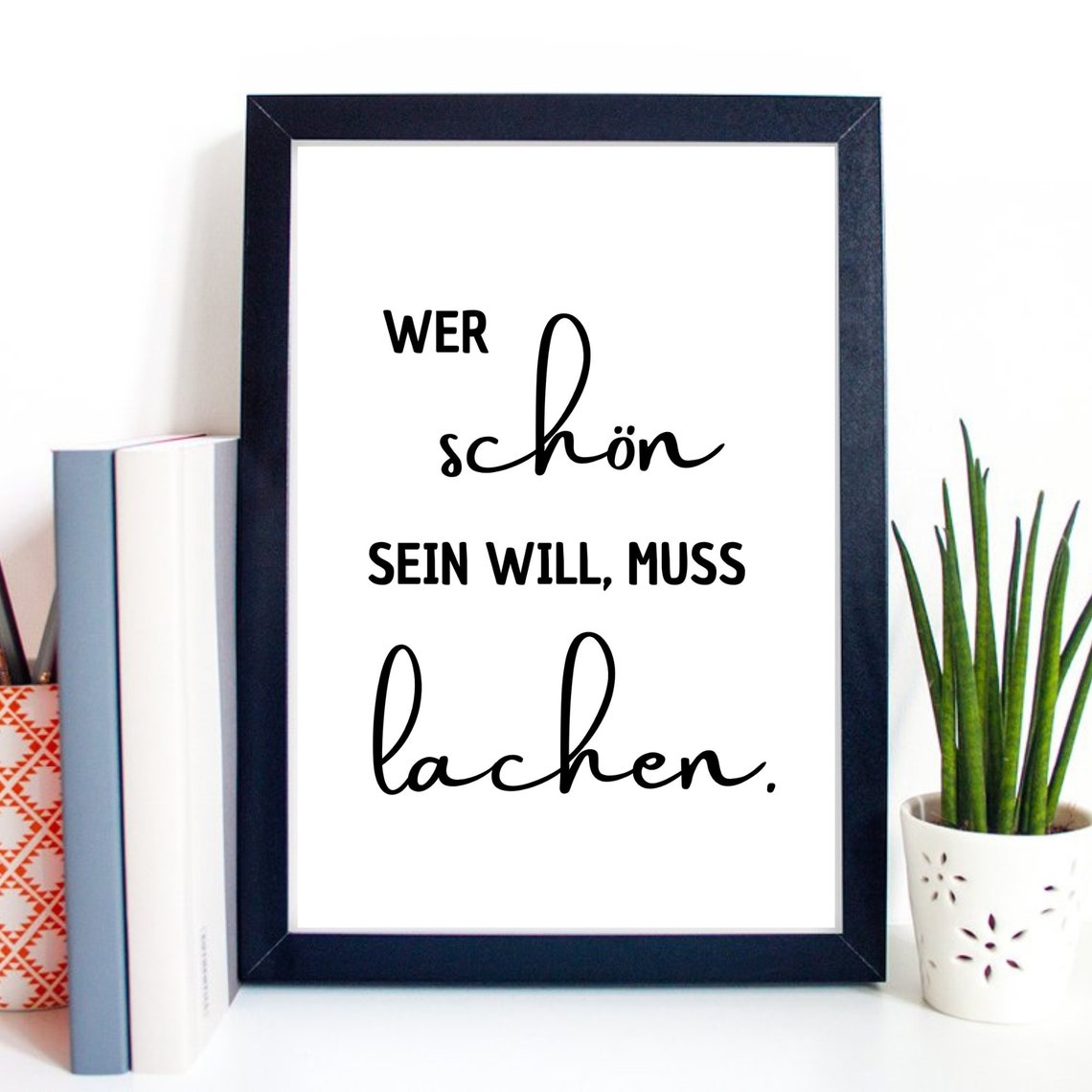 Laugh Beauty Humor German Quote Black White Typography Wall Art