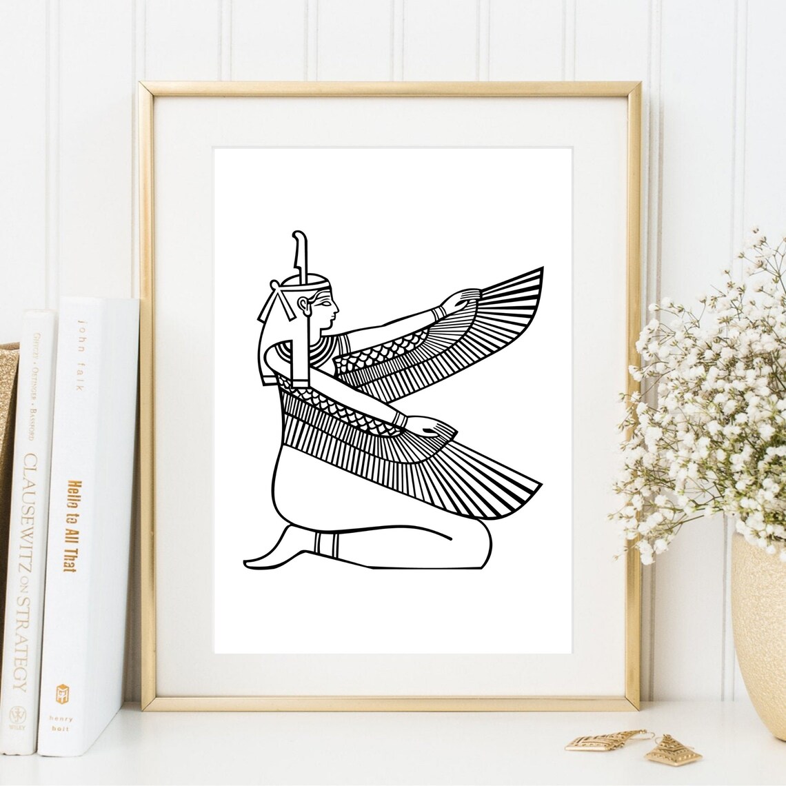 Winged Egyptian Goddess Isis Kneeling Hieroglyph Line Art Wall Print - Image 3