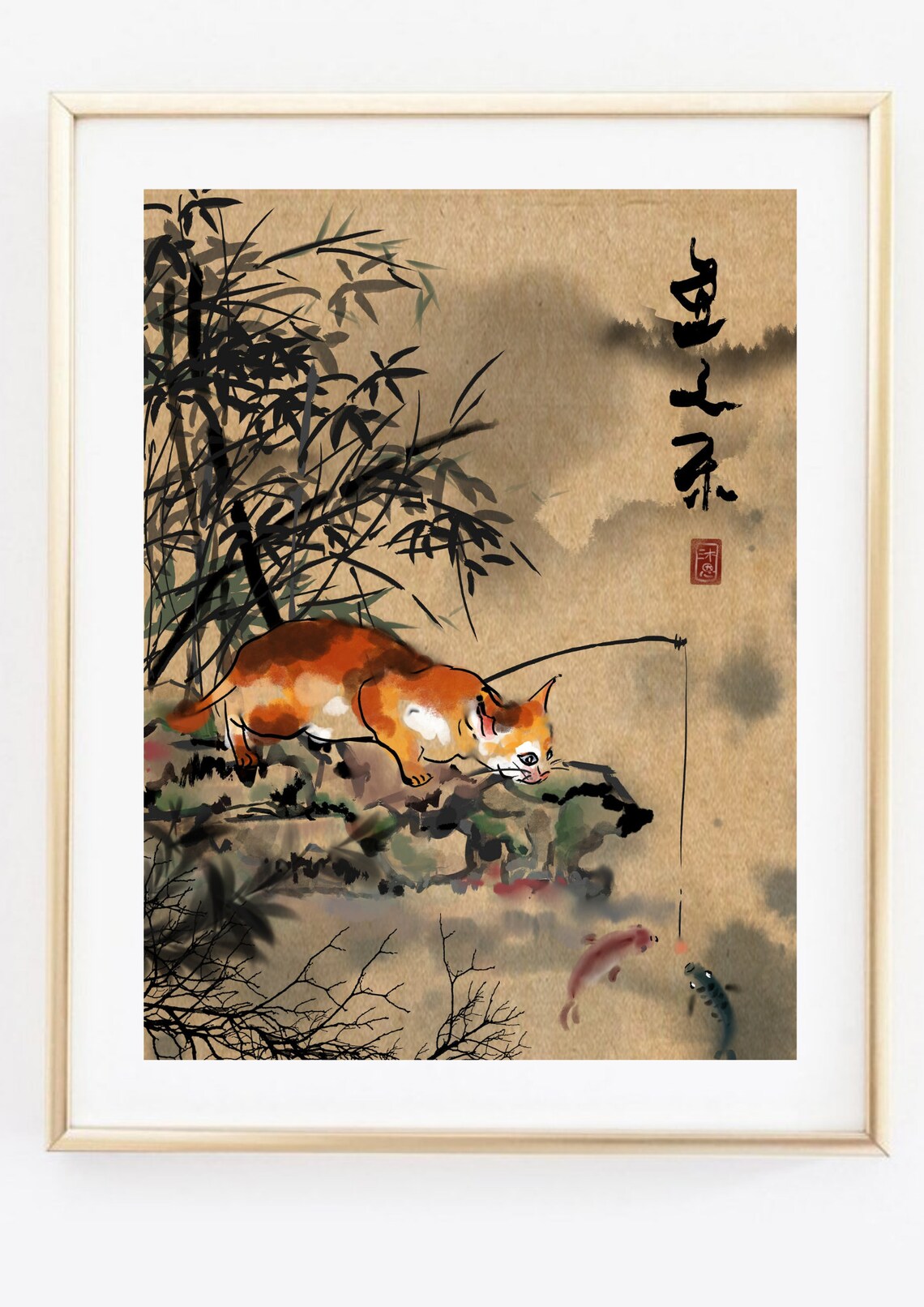 Cat Fishing at the Pond Asian Ink Painting Bamboo Koi Art Print - Image 2