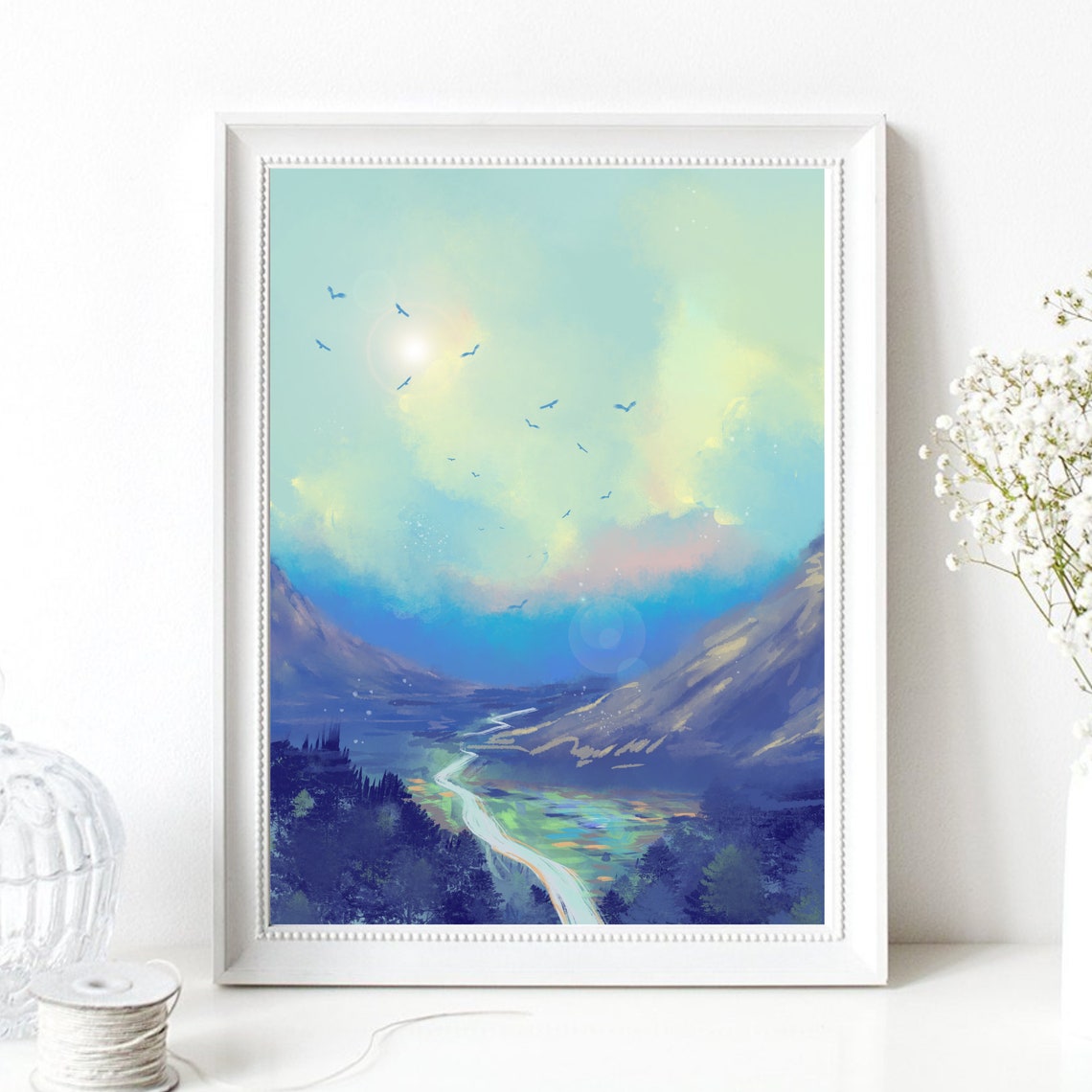 Din A4 Art Print Without Frame Landscape With Mountains And Forest Valley Horizon Illustration Print Poster Image