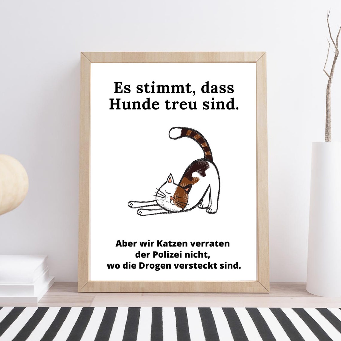 Funny Stretching Cat German Quote Cartoon Poster for Cat Lovers Humor - Image 3