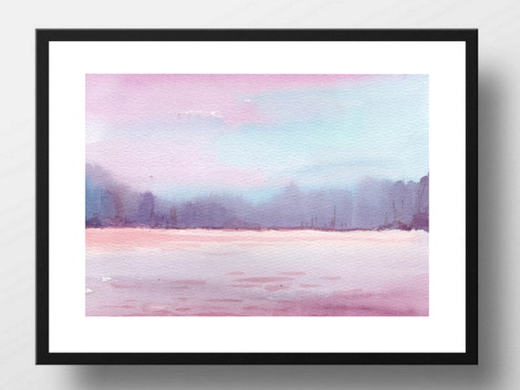 Din A4 Art Print Without Frame Watercolor Lake Landscape With Forest Lake Nature Forest Pink Romance Tranquility Relaxation Print Poster Picture