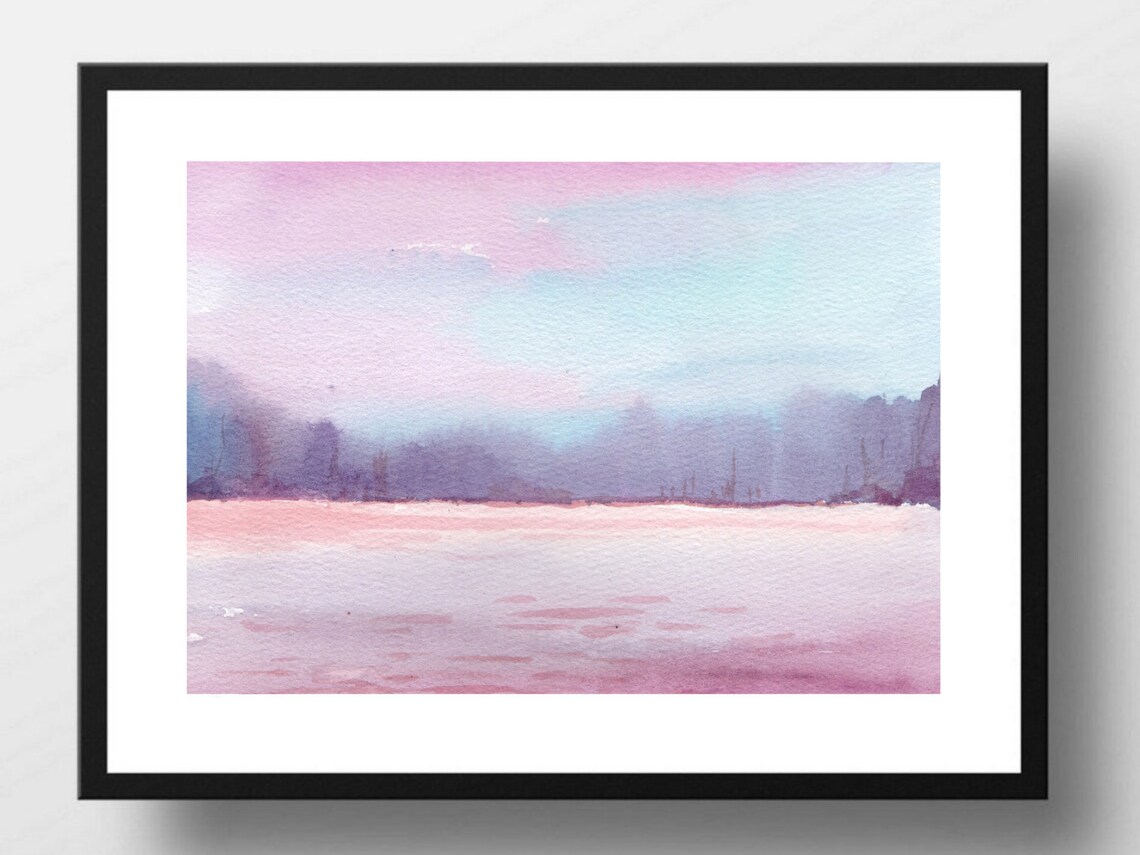 Watercolor Pink Lake Misty Forest Dawn Dreamy Landscape Art Poster