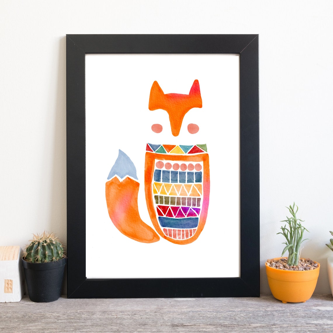 Orange Geometric Fox Tribal Ornament Watercolor Scandi Wall Art Poster