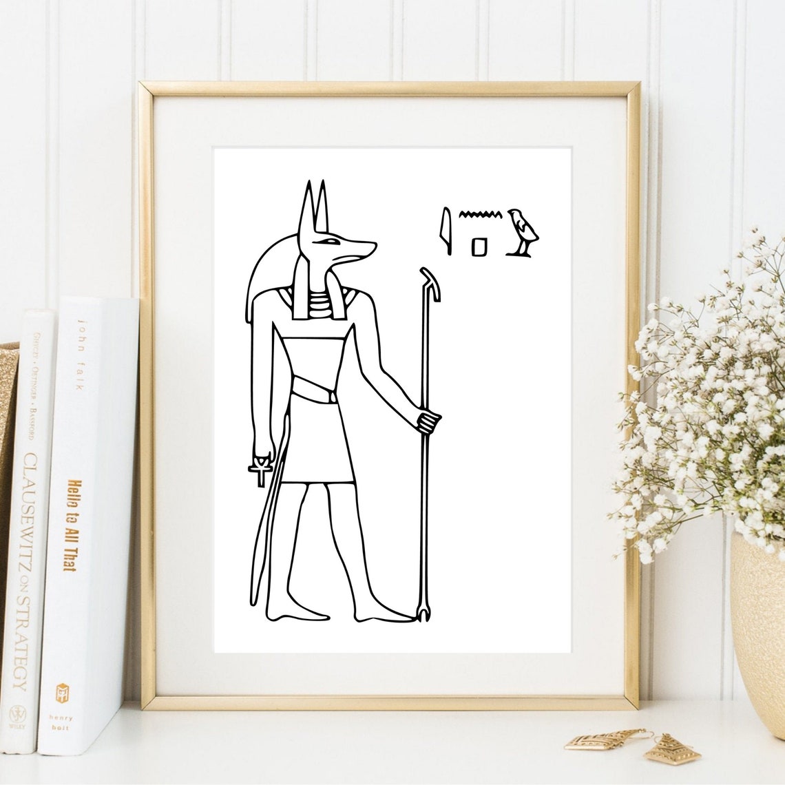 Anubis Egyptian Jackal God Hieroglyphs Minimalist Black Line Art Print - Image 3