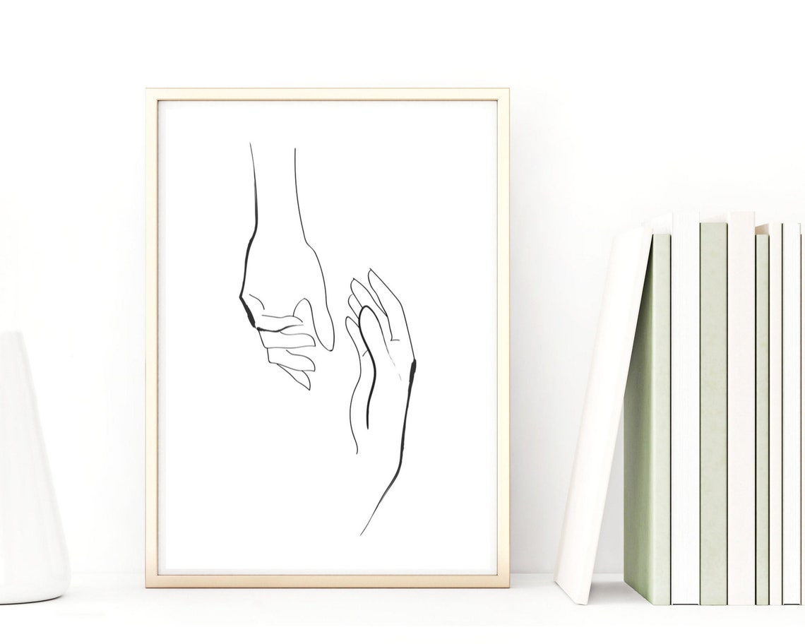 Minimalist Hands Line Art Drawing Abstract Couple Love Wall Art Print