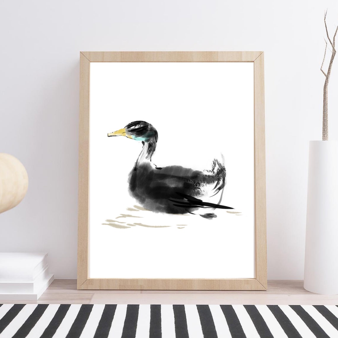 Black Ink Watercolor Duck Floating Minimalist Bird Art Print