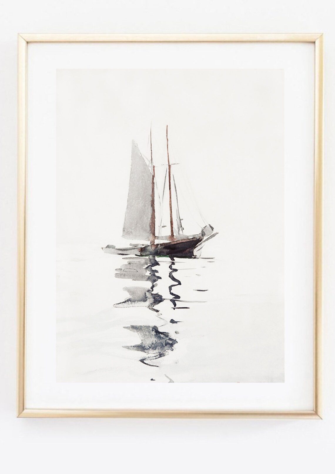 Minimalist Sailboat Watercolor Gray Sailing Boat Calm Sea Nautical Poster - Image 2