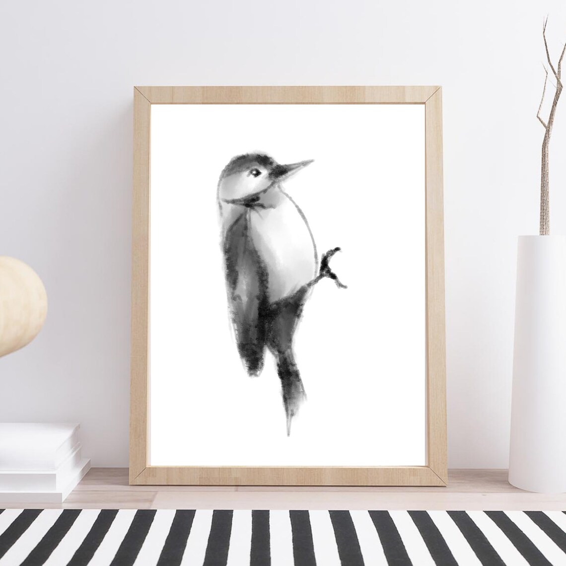 Woodpecker Black Ink Watercolor Perched Bird Minimalist Art Print
