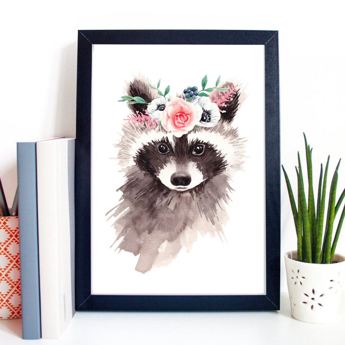 Raccoon Flower Crown Watercolor Cute Floral Woodland Animal Art Print - Image 2