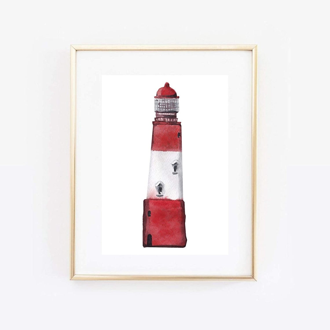 Red and White Striped Lighthouse Watercolor Nautical Coastal Wall Art