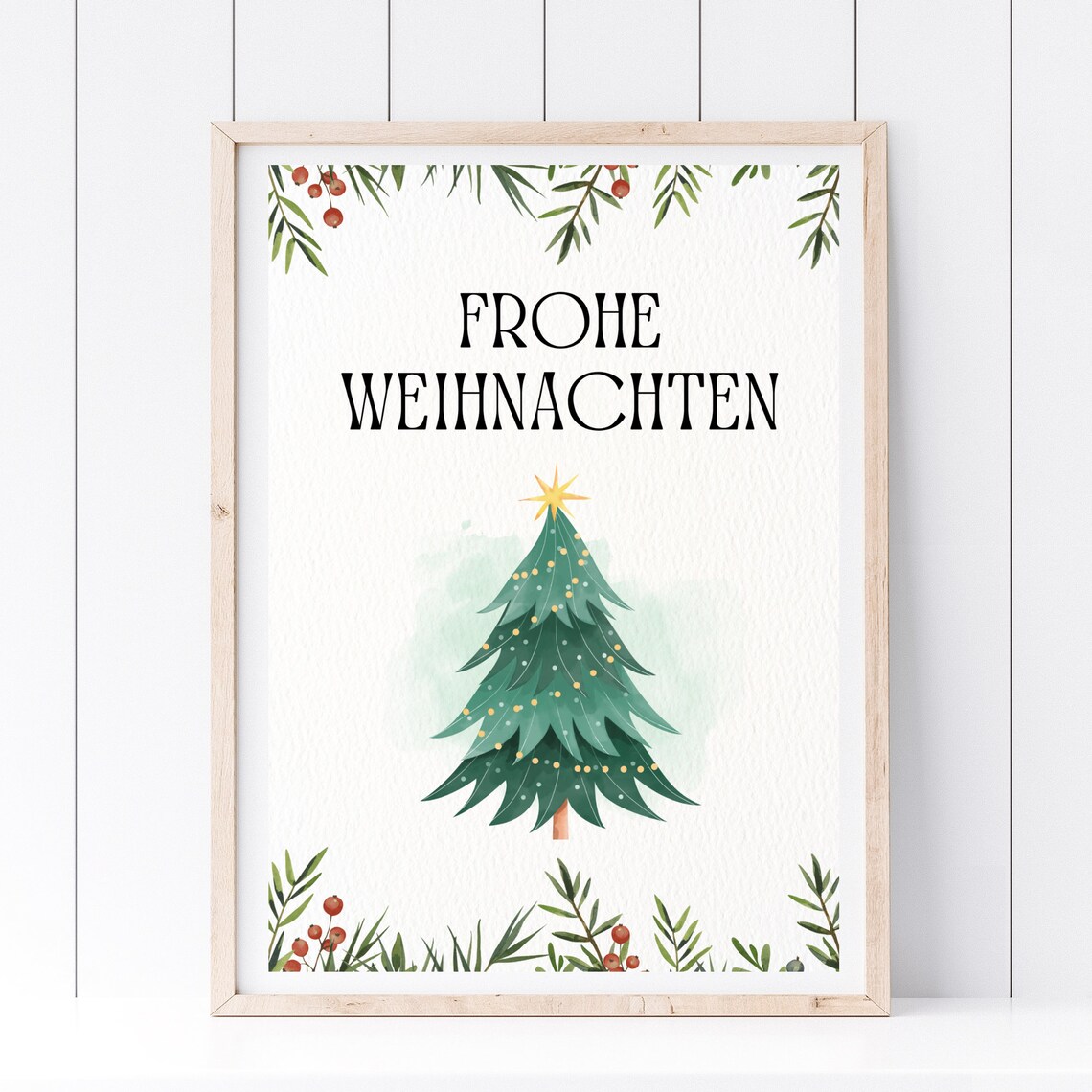 Frohe Weihnachten Christmas Tree Watercolor German Holiday Gift Poster