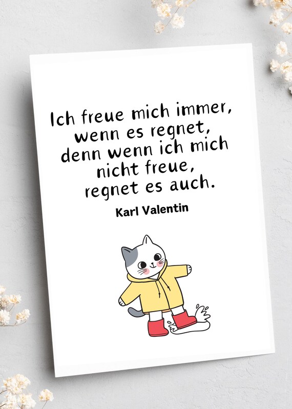 Karl Valentin Rain Quote Cat In Raincoat Cute German Saying Wall Art