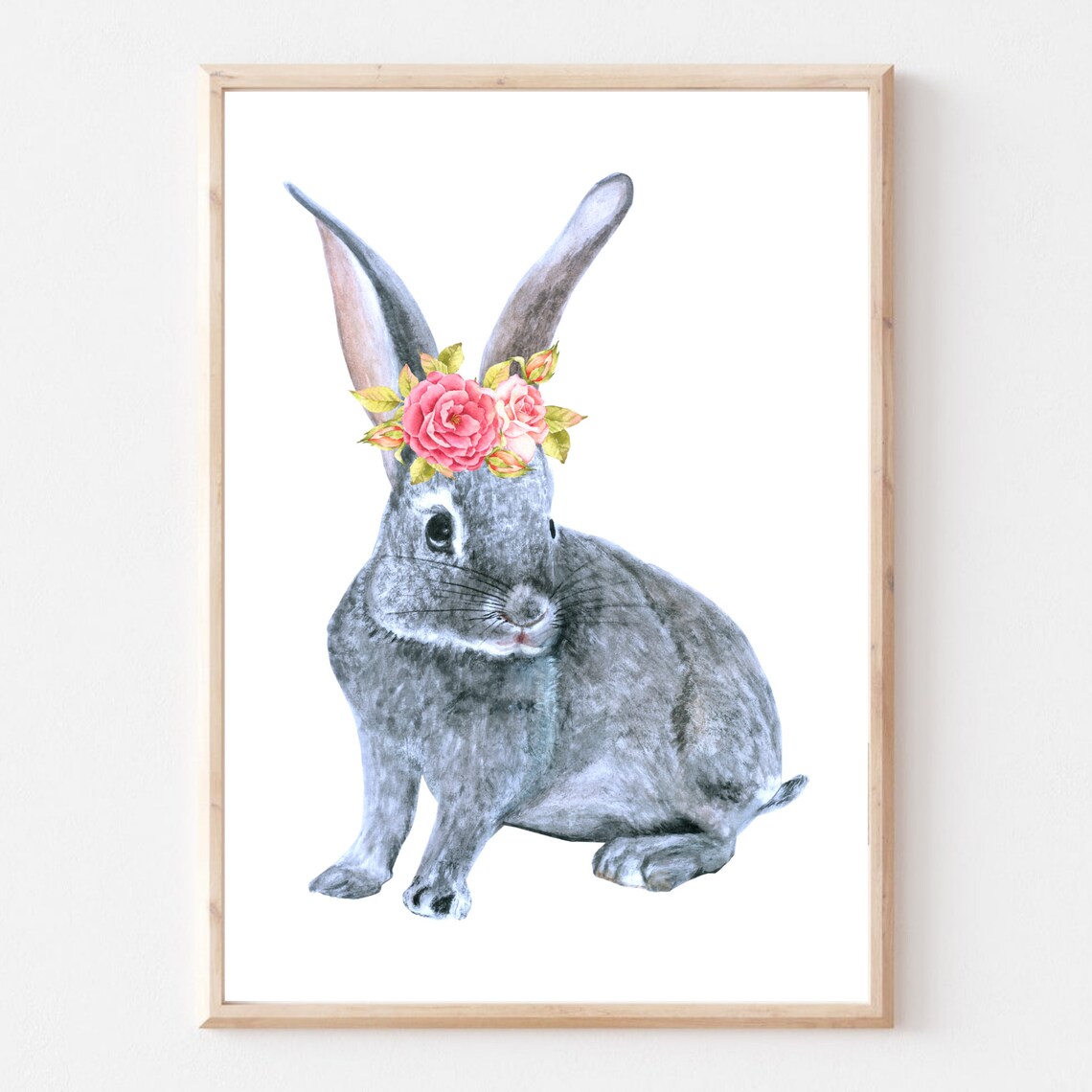 Grey Bunny With Pink Rose Flower Crown Watercolor Nursery Art Poster - Image 3