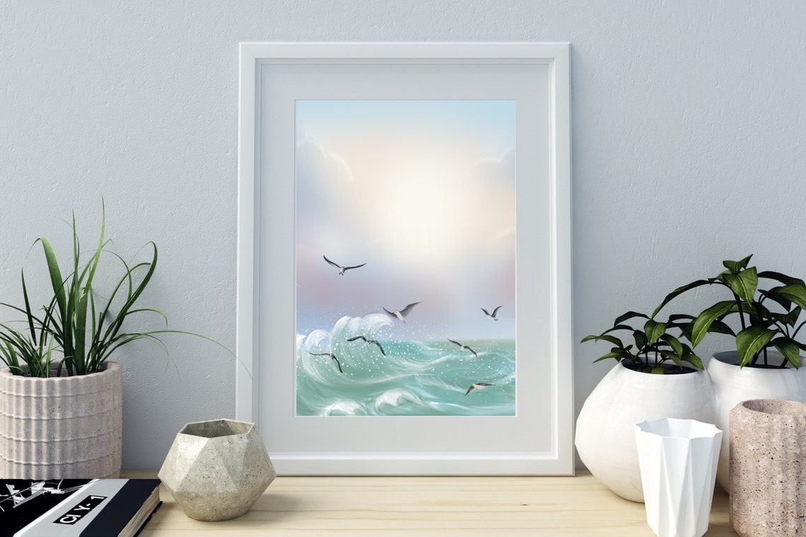 Seagulls Flying Over Ocean Waves Coastal Sunrise Beach Nature Poster