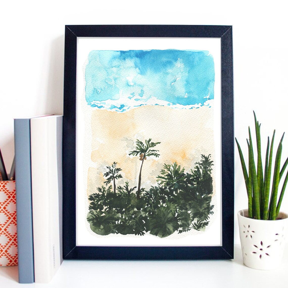 Tropical Palm Beach Watercolor Aerial Summer Ocean Coast Art Poster - Image 2