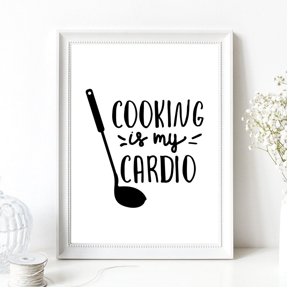 Cooking Is My Cardio Funny Chef Quote Ladle Silhouette Kitchen Poster