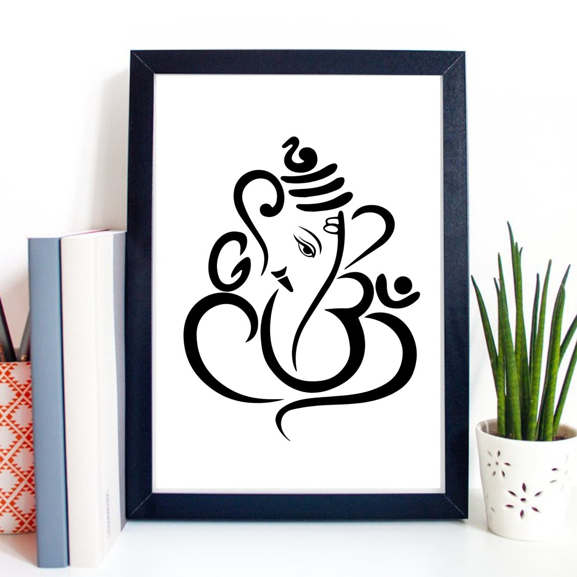 Ganesha Om Calligraphy Line Art Hindu Elephant God Spiritual Poster