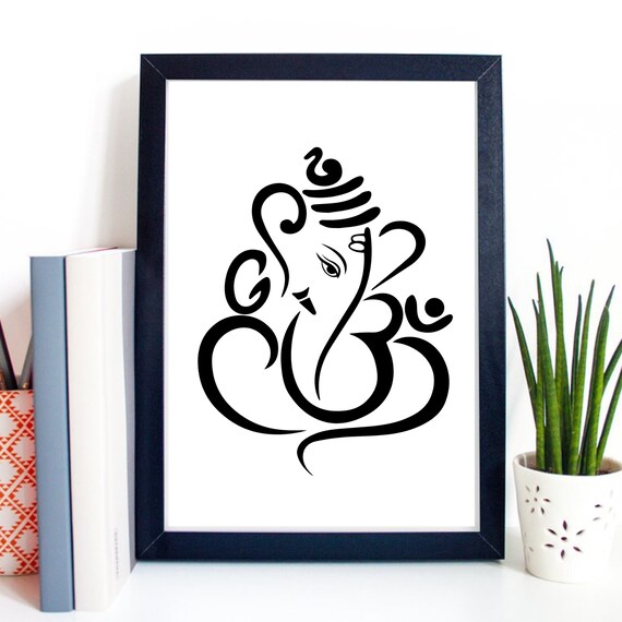 Ganesha Om Calligraphy Line Art Hindu Elephant God Spiritual Poster