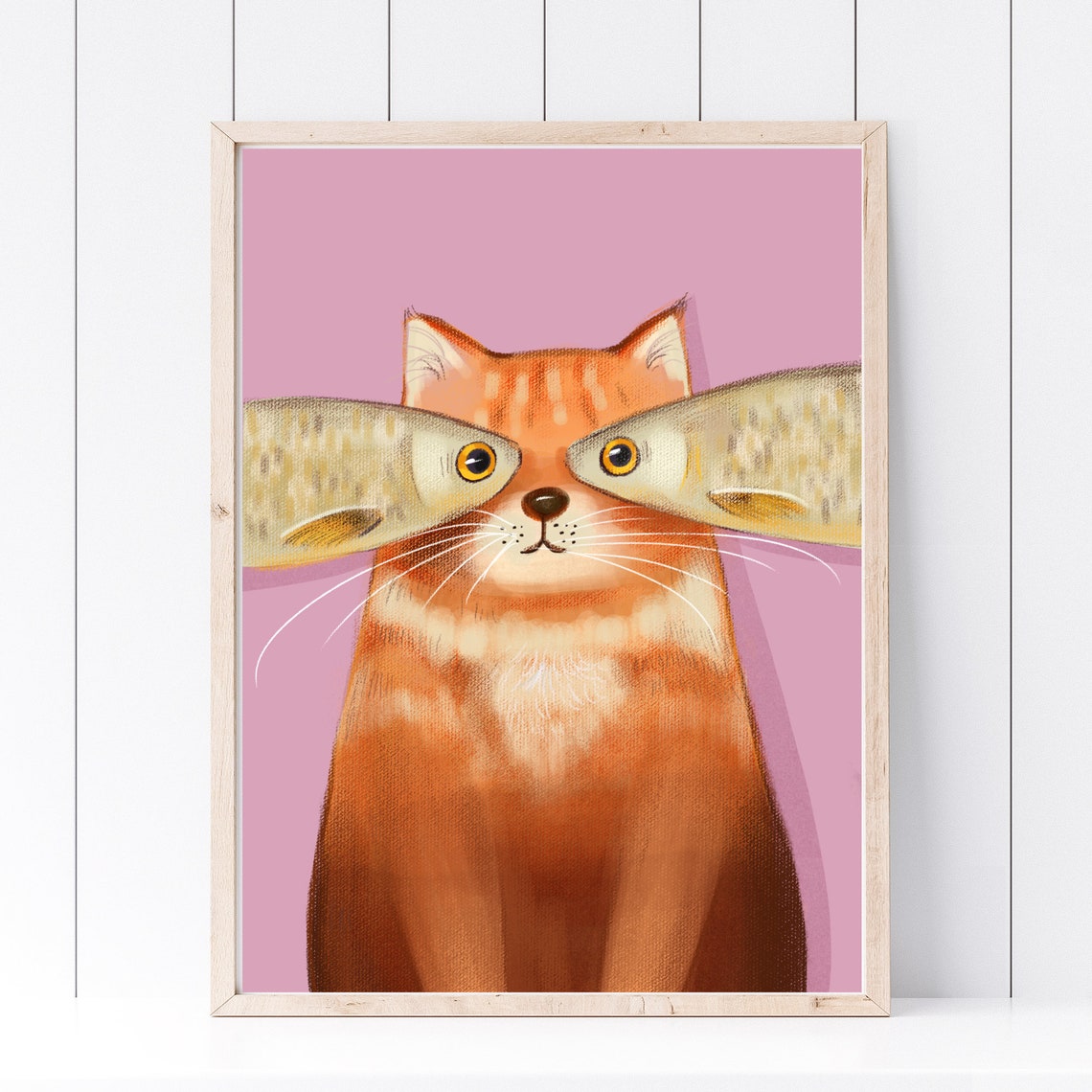 Funny Orange Cat Fish Over Eyes Whimsical Pink Cat Art Poster