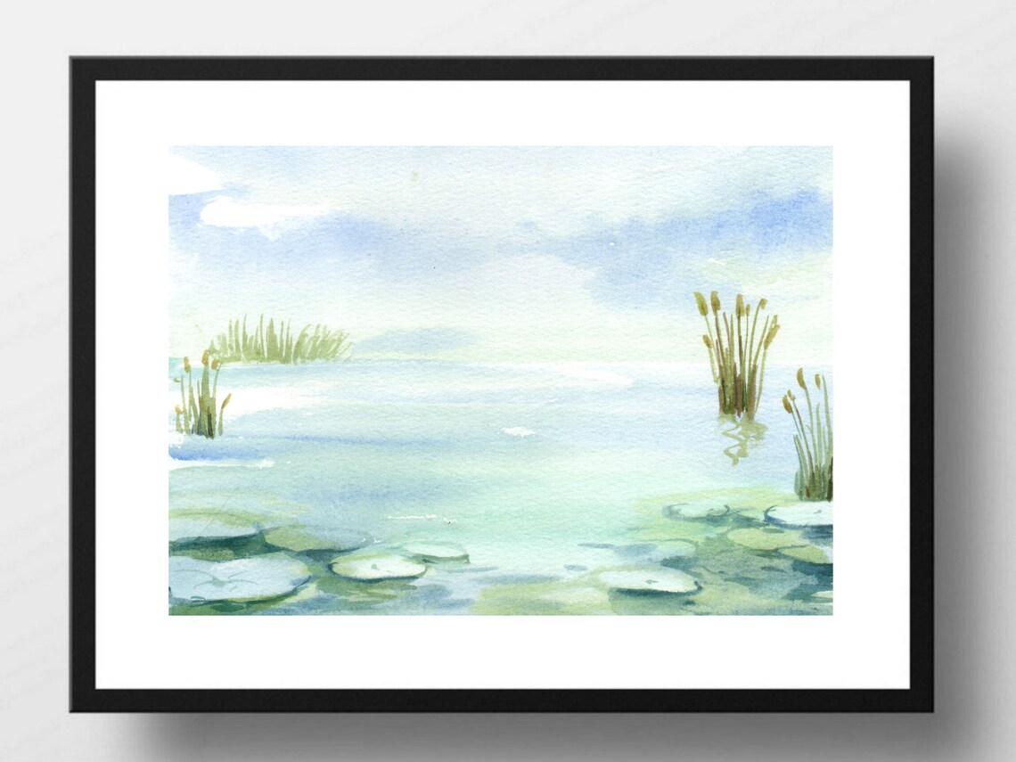 Watercolor Pond Lily Pads Reeds Serene Green Nature Art Print Poster