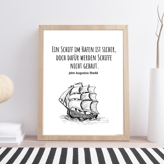 Ship In Harbor Safety Quote Sailing Ship Sketch German Typography Wall Art