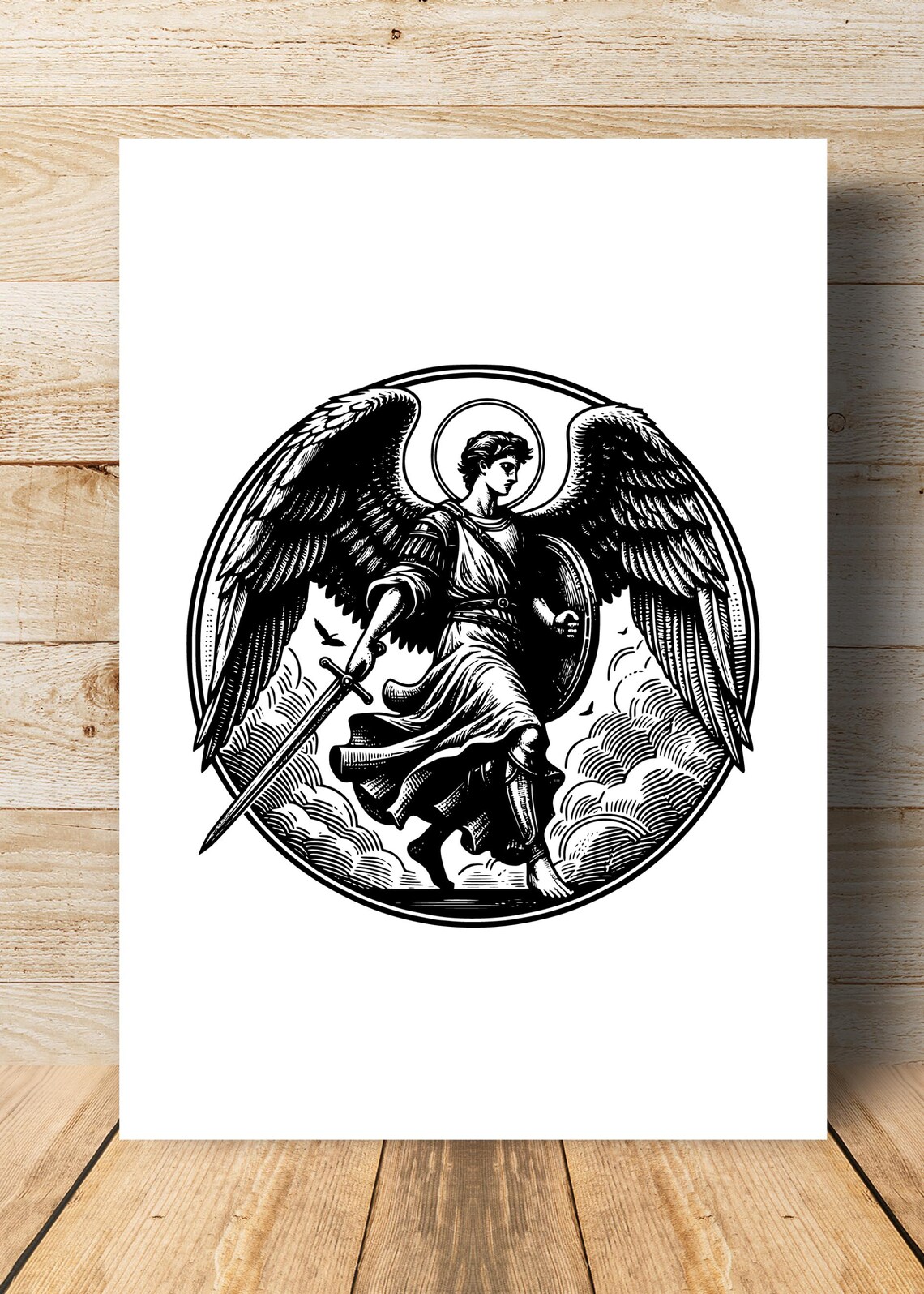 Archangel Michael Sword Shield Engraving Style Religious Angel Wall Print - Image 3