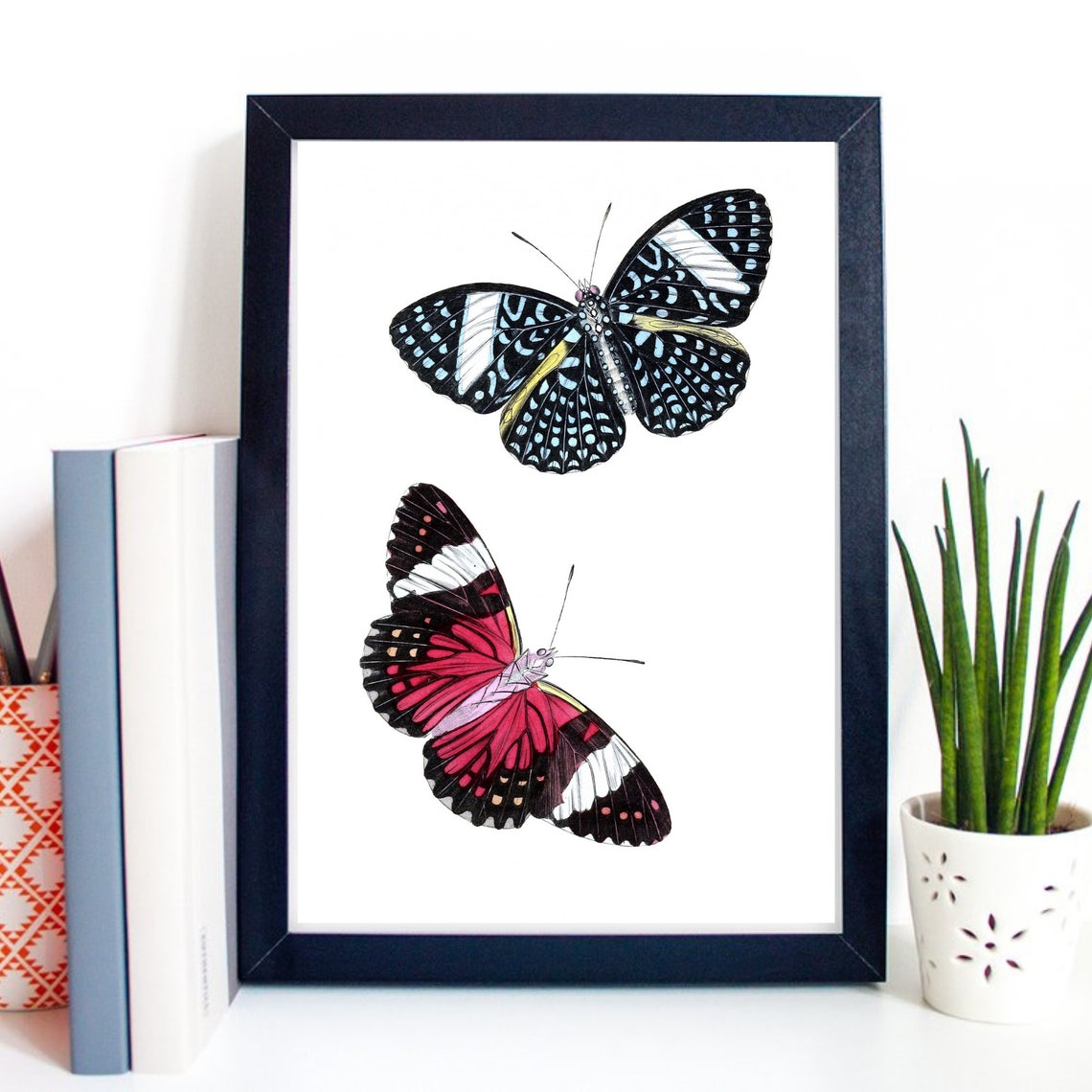 Vintage Butterfly Pair Red Blue Botanical Illustration Wall Art Print - Image 2
