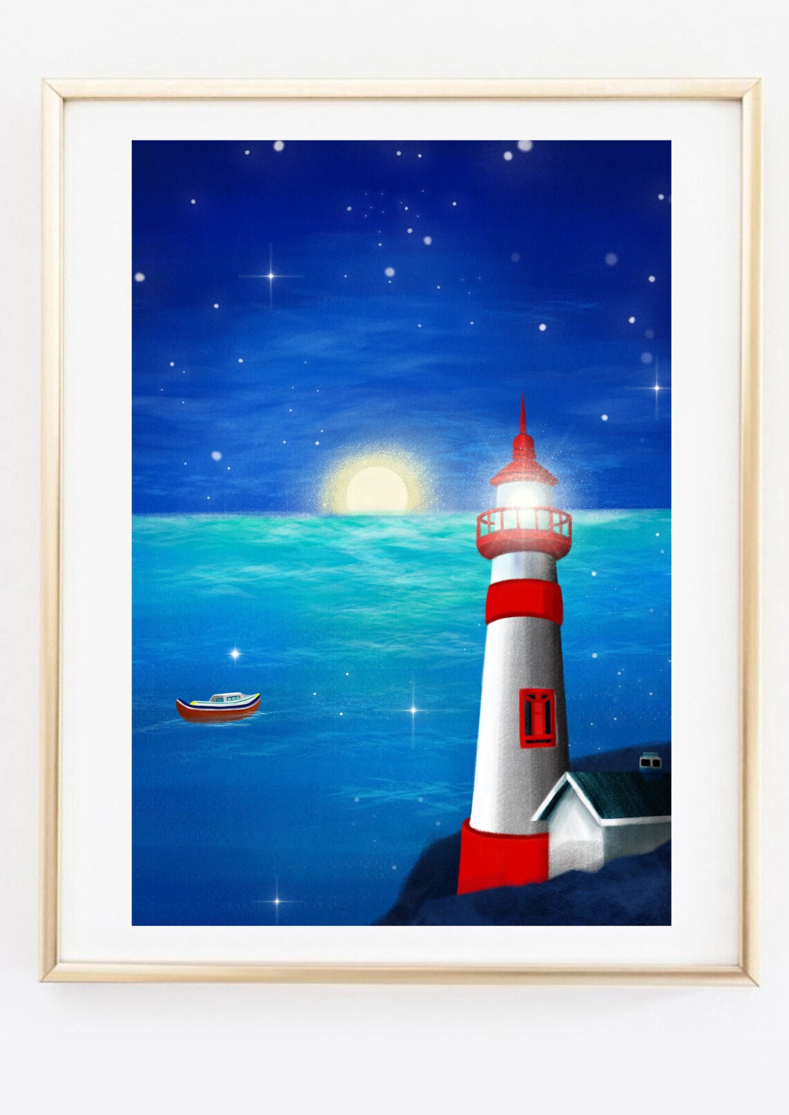Red White Lighthouse Night Coast Moonlit Sea Boat Art Poster - Image 2