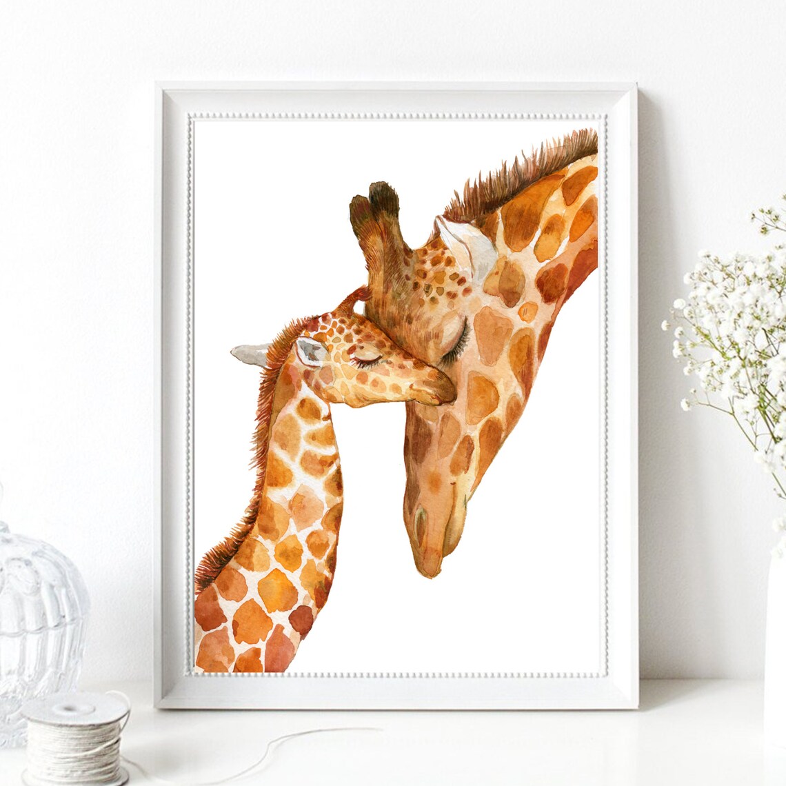 Giraffe Mother Baby Nuzzling Watercolor Tender Nursery Art Print