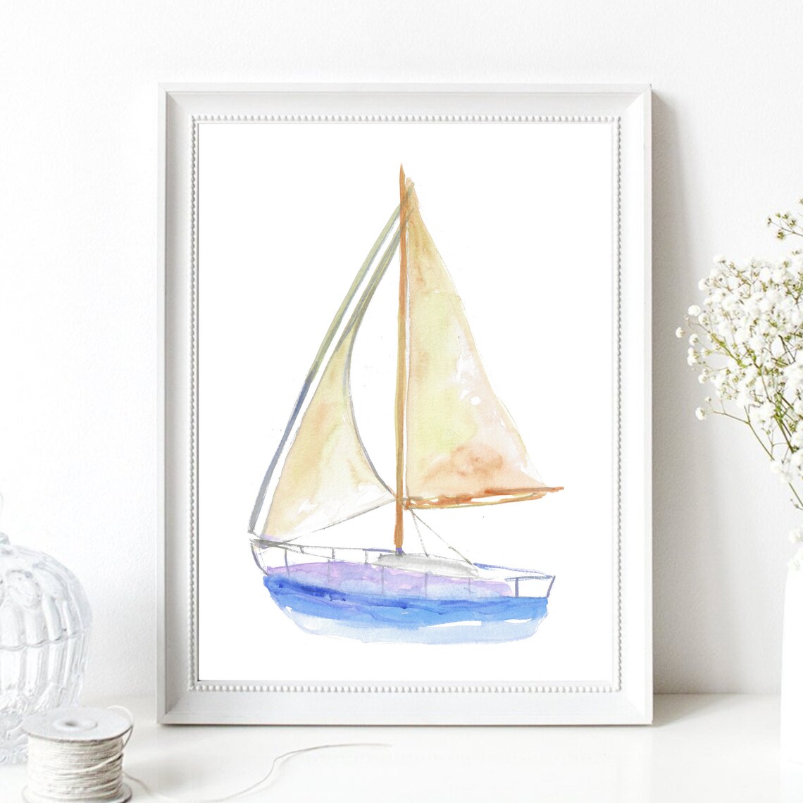 Sailboat With Tan Sails Blue Hull Coastal Watercolor Nautical Poster