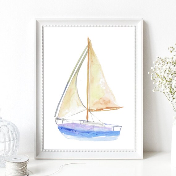 Sailboat With Tan Sails Blue Hull Coastal Watercolor Nautical Poster