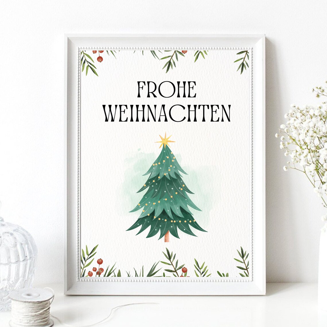Frohe Weihnachten Christmas Tree Watercolor German Holiday Gift Poster - Image 3