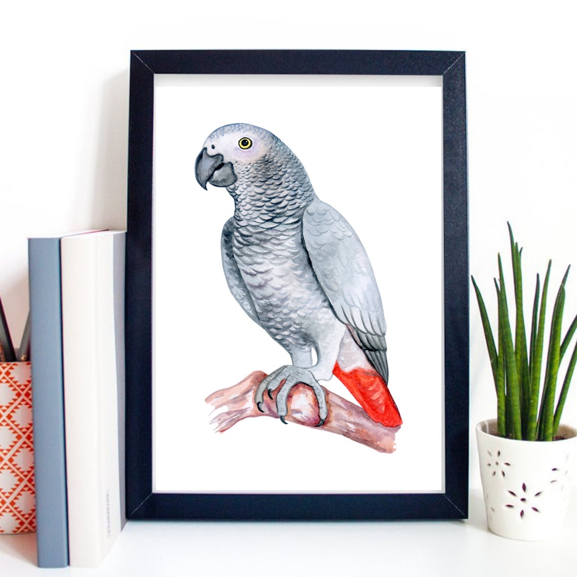 African Grey Parrot on Branch Watercolor Bird Portrait Art Print