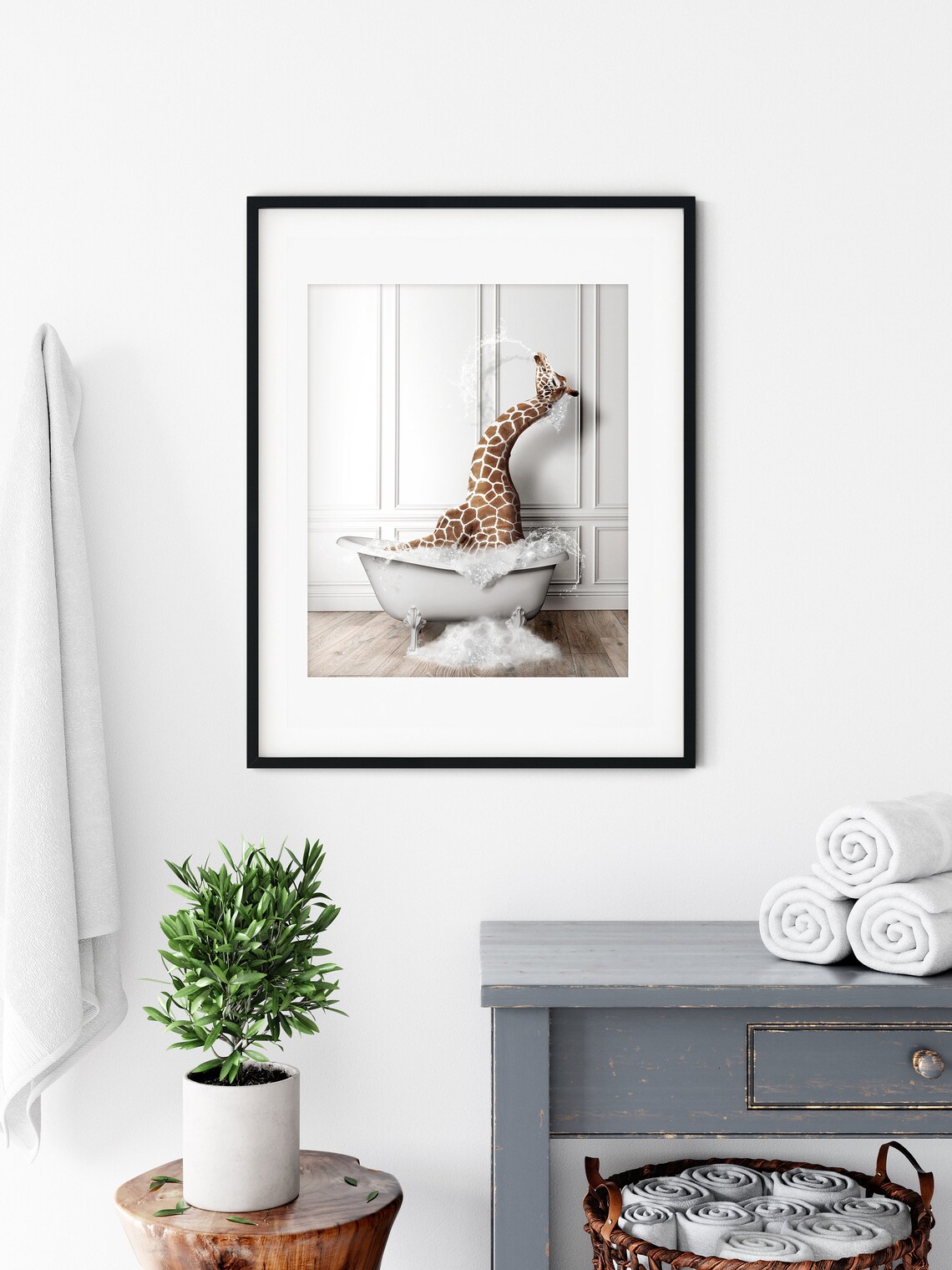 Adorable Giraffe In Tub Bathroom Art Print