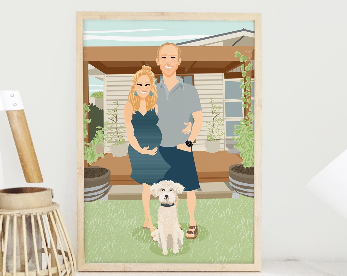 Custom Couple House Portrait with Pregnant Wife and Dog Poster