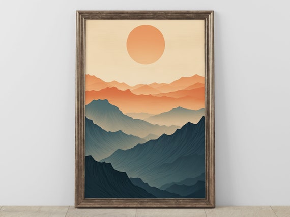 Abstract Mountain Landscape Wall Art Sunset Print Home Decor Poster Large Office Artwork Instant