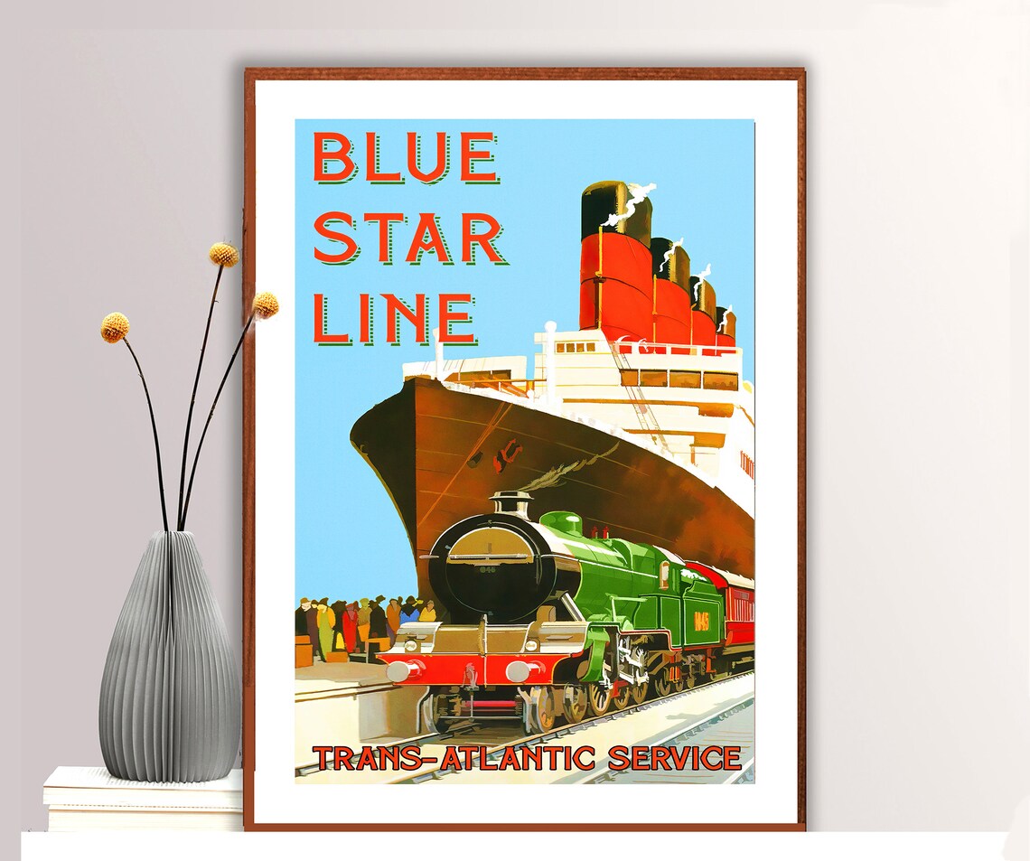 Blue Star Line Trans Atlantic Service Vintage Travel Poster