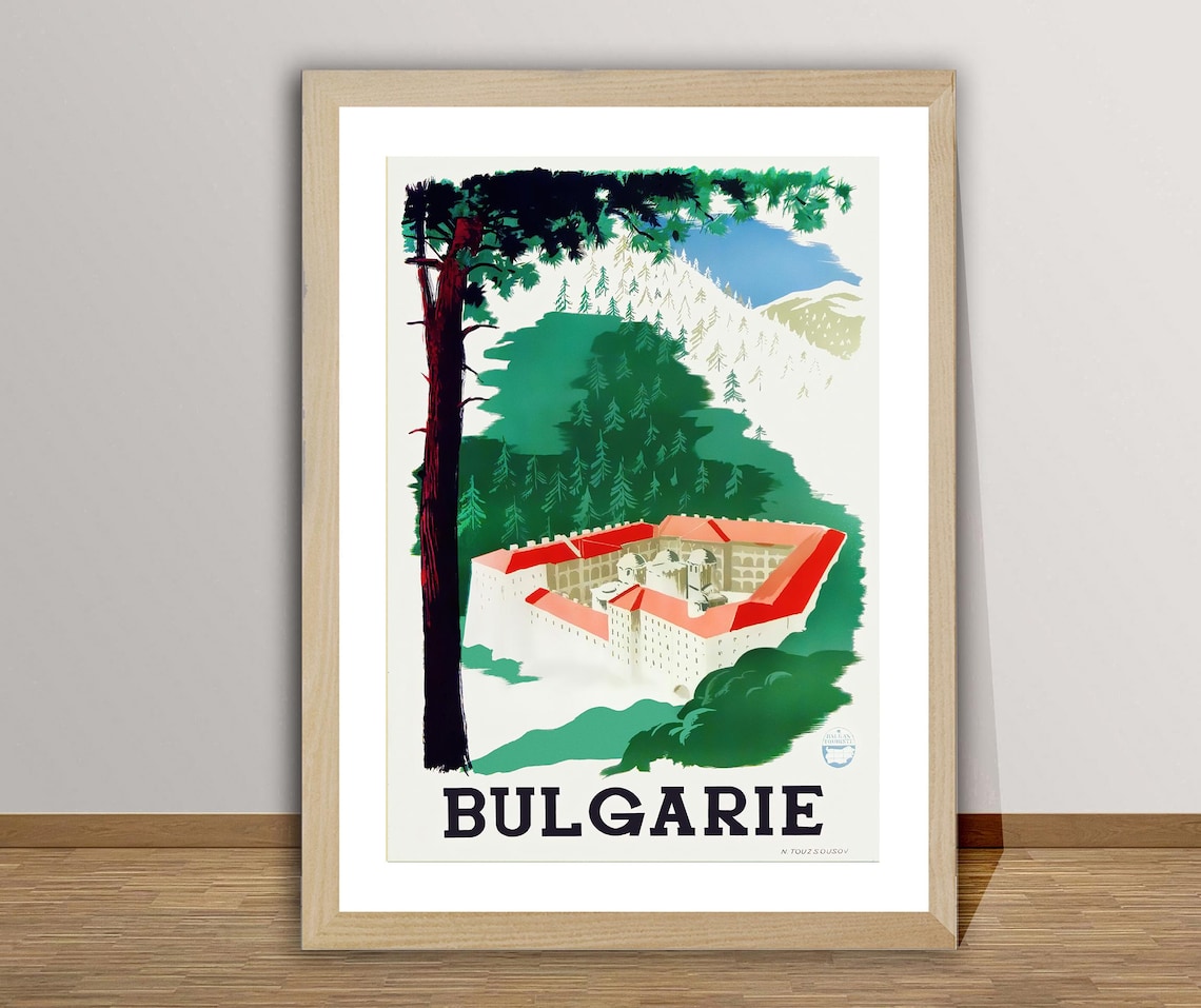 Bulgaria Mountain Monastery Pine Forest Red Roof Vintage Travel Poster