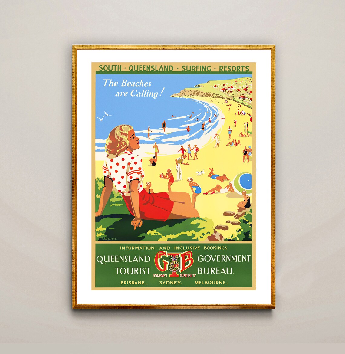 South Queensland Vintage Travel Poster, Beach Calling - Image 2