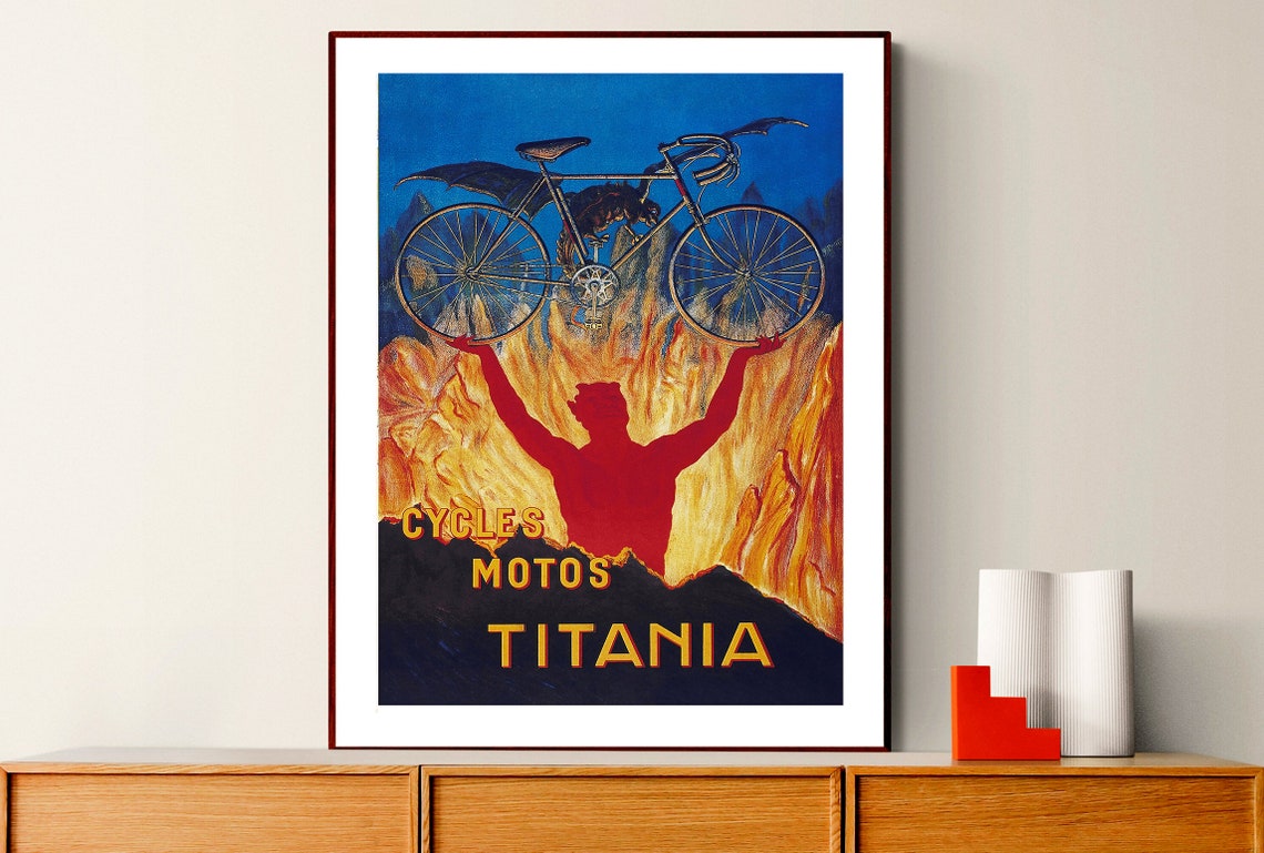 Cycles Motos Titania Red Devil Flame French Bicycle Vintage Poster