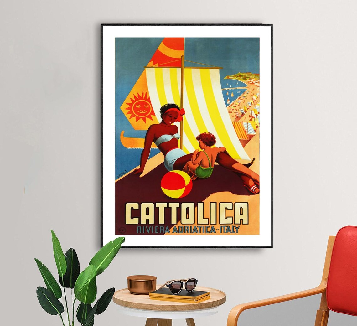 Cattolica Riviera Adriatica Italy Beach Sailboat Vintage Travel Poster