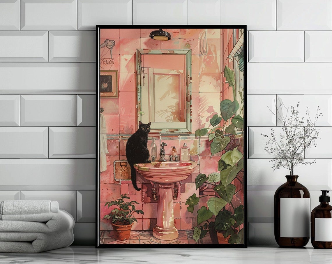Black Cat Sitting on Pink Bathroom Sink Mirror Plants Poster - Image 3